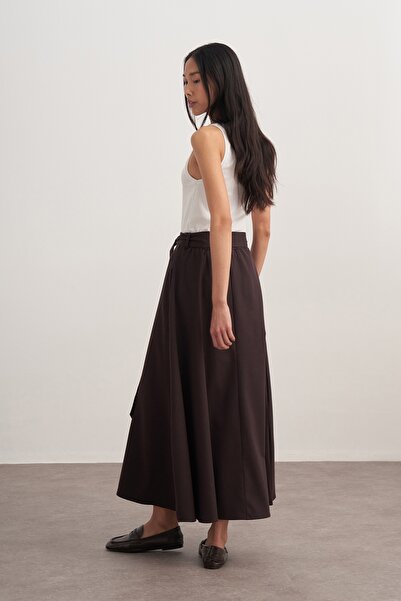 EBU Prive Women's Gabardine Belted Flared Skirt Brown