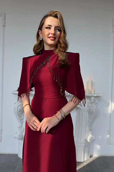 HELİS BUTİK Special Design Burgundy Evening Dress with Stone Work Detail