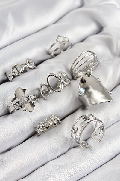 Skygo Pirinç Sarmal Ve Yıldız Model Gümüş Renk Kadın Yüzük Kombin Set - TJ-BY...