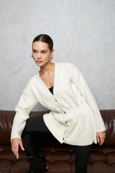 Yefrastore Women's Ecru Gold Button Detailed Soft Cardigan