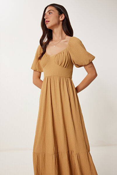 Lovelyİstanbul Heart Neckline Textured Summer Knitted Dress Lub0010 Camel
