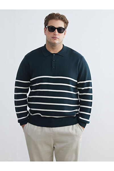 LC Waikiki Green plus size polo neck striped men's knit sweater