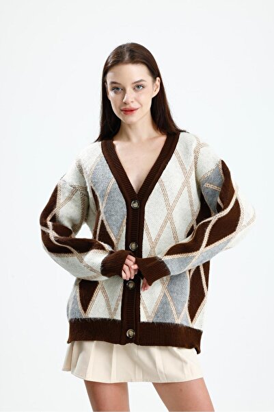 dgs look Colorful Fleece-Lined Diamond Patterned Oversized Button Knitwear Women's Cardigan Brown