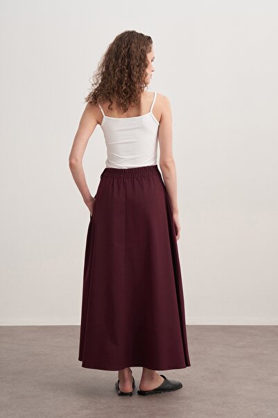 EBU Prive Women's Gabardine Belted Flared Skirt Dark Plum