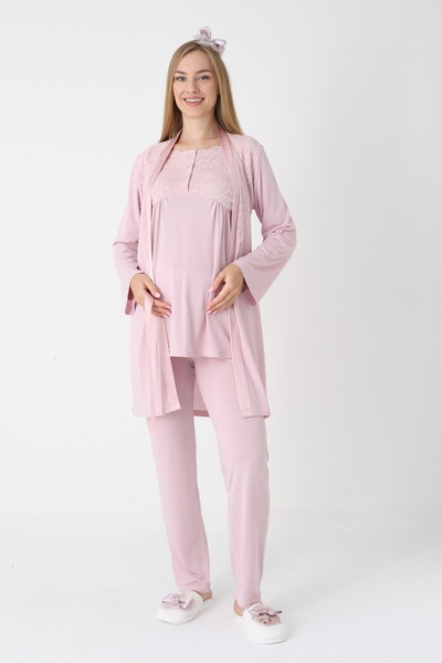 BLACKMORE Women's Powder Special Lace Design Cotton Winter Maternity Dressing Gown 3-Piece Set