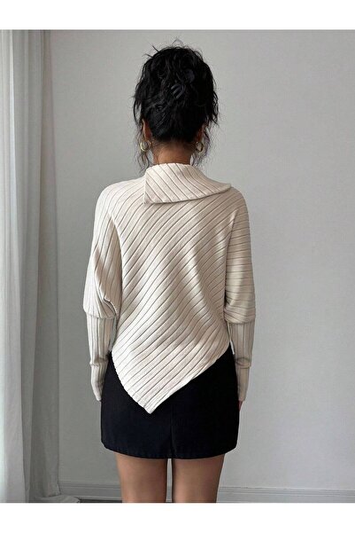 poswicon μπεζ υψηλό γιακά από υφασμάτινο υλικό με ασύμμετρη άκρη φούστας με μανίκια νυχτερίδας κομψό ust