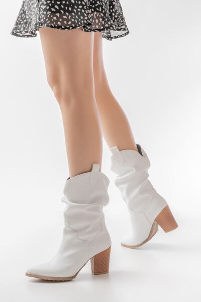 Zerenyus ZRİN-1860 Premium Λευκές Γυναικείες Μπότες με Χοντρό Τακούνι, Casual