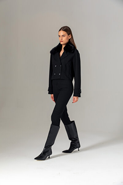 Berr-ın Yakası Kürklü Crop Biker Mont Siyah