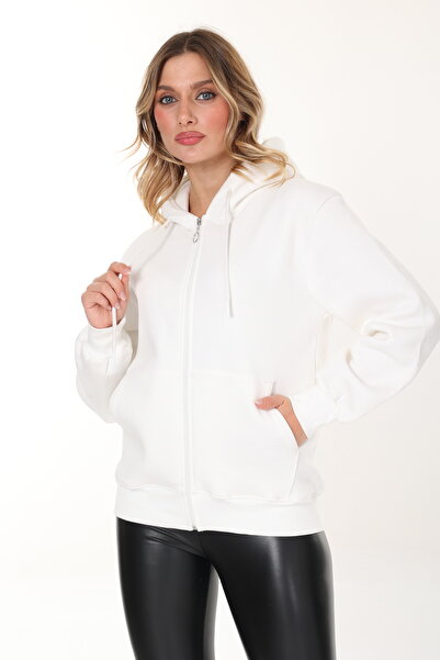 HEDEF DAİSY Women's Tops Hooded Kangaroo Pocket Zippered Three Thread Sh Fleece-Lined O Oversized Sweatshirt