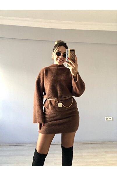 Gözde Tasarım Butik Women's Brown Bearded Knitted Mini Skirt and Stand-Up Collar Sweater Knitwear Set