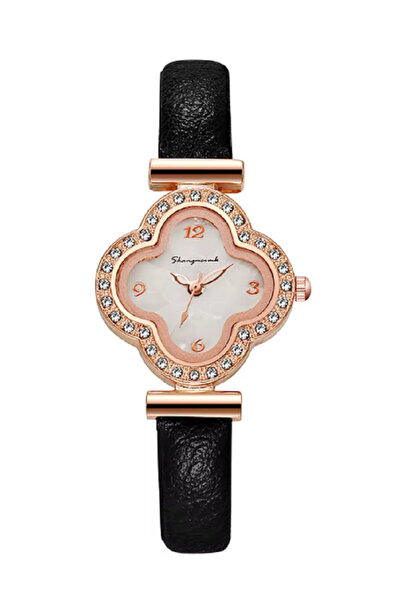 TChic Black Leather Clover Stone Watch