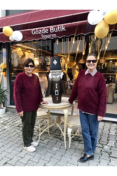 Gözde Tasarım Butik Women's Burgundy Color Fur-Like Looking Cropped Sweater with Bicycle Collar