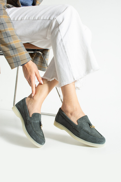 Polomia Comfort Women's Genuine Leather Suede Classic Non-Slip Sole Detail Gold Accessory Buckle Loafer Ballet Flats