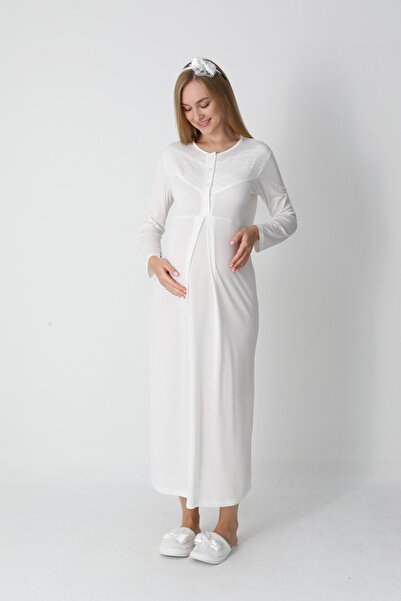 BLACKMORE Women's Ecru Shawl Collar Jacquard Long Sleeve Cotton Full Length Winter Maternity Nightgown-Robe Set