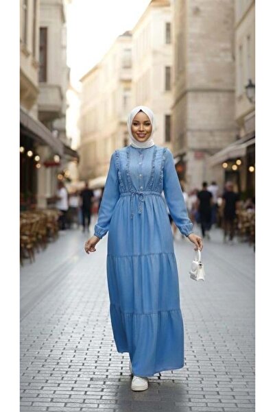 Hb Harma Time Butik Women's Ruffle Detailed Buttoned Open Denim Blue Dress