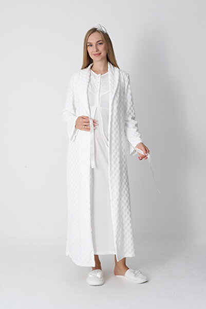 BLACKMORE Women's Ecru Shawl Collar Jacquard Long Sleeve Cotton Full Length Winter Maternity Nightgown-Robe Set