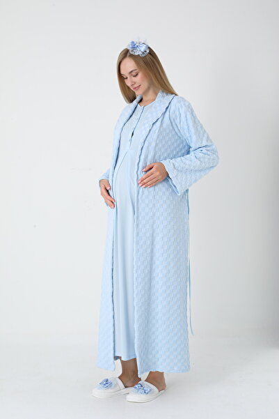BLACKMORE Women's Blue Shawl Collar Jacquard Long Sleeve Cotton Full Length Winter Maternity Nightgown-Robe Set