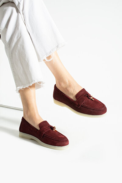 Polomia Comfort Women's Genuine Leather Suede Classic Non-Slip Sole Detail Gold Accessory Buckle Loafer Ballet Flats