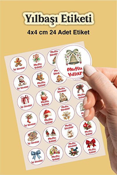 Piksel Grafik Yeni Yıl Temalı 24'lü Çıkartma Sticker Seti -Hediye Paketi Etiketi, İyi Seneler Etiketi,