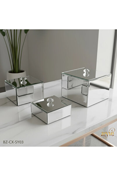 Hinora Gümüş Renk 3Lü Mücevher Kutu Seti Sandık 14×11cm -12×9cm- 10x6cm