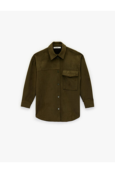 Koton Buttoned Long Sleeve Classic Collar Suede Look Shirt with Pocket Detail