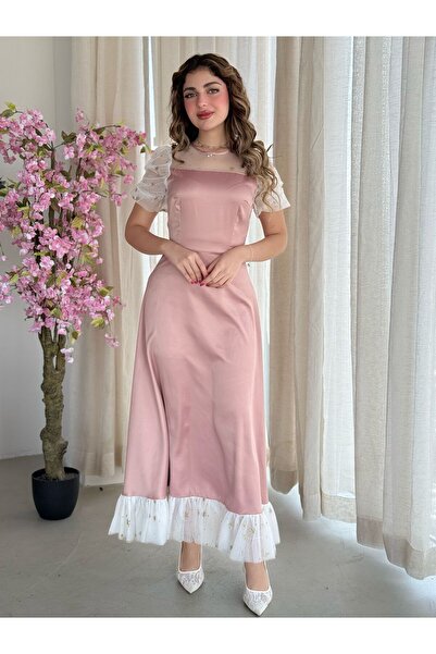 Aljouri Pink dress with sheer sleeves and ruffled hem