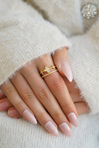 The Collection Set of 2 Modern Clover and Solitaire Detailed Form Vip Gold Rings