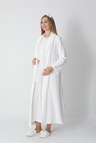 BLACKMORE Women's Ecru Shawl Collar Jacquard Long Sleeve Cotton Full Length Winter Maternity Nightgown-Robe Set