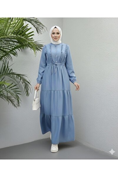 Hb Harma Time Butik Women's Ruffle Detailed Buttoned Open Denim Blue Dress