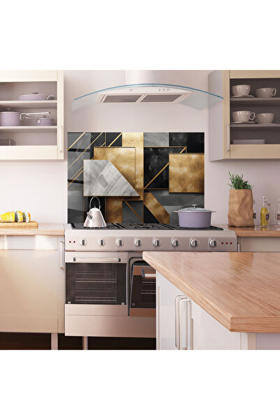 Arthub Kitchen Glass Panel, Stove Protection, Heat Resistant, Abstract, Abstract Gold Square