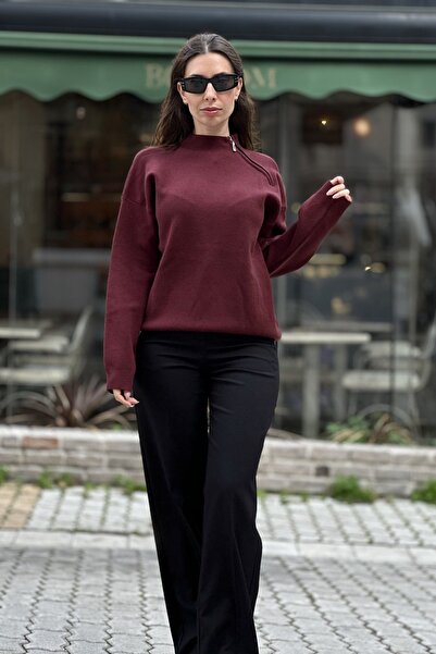 CurcunaShop Kadın Korpsan Omuz Fermuarlı Yumoş Kazak