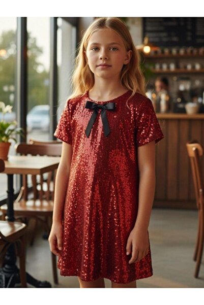 Zekids Girls' Half Sleeve Bow Detail Sequin Dress