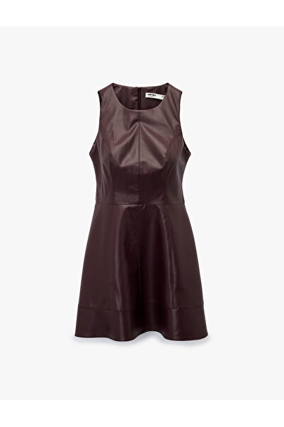 Koton Sleeveless Crew Neck Flounce Faux Leather Mini Dress