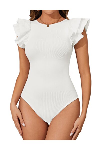 TUOPUDA Women's Ribbed Bodysuit - Waist Trainer, Tummy Control Corset, White, M
