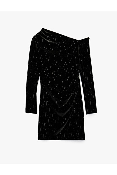 Koton Slim Fit Long Sleeve Rhinestone One Shoulder Mini Velvet Dress