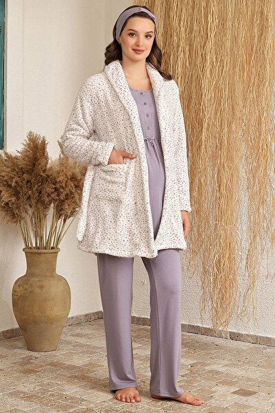 Sinem Çeyiz مجموعة بيجامة للأمهات بعد الولادة من 3 قطع بنمط النقاط البولكا وتصميم الدب الدمية BH 4214