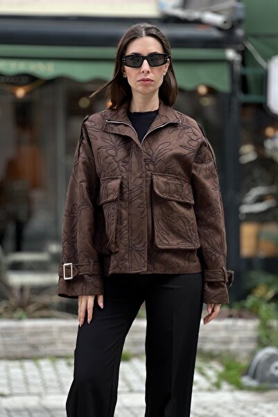 CurcunaShop Kadın Kısa Nakışlı Nubuk Fermuarlı Ceket