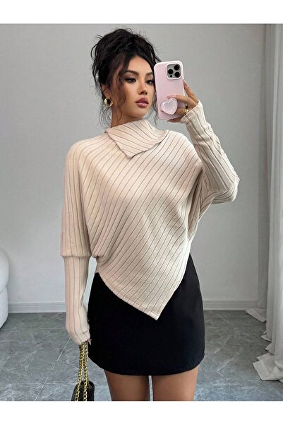 WEEST MODA Top elegant cu guler înalt din țesătură cu nervuri, cu tiv asimetric și mâneci liliac