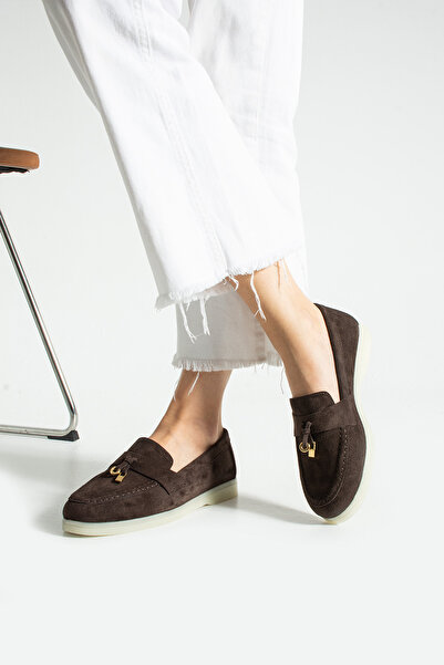 Polomia Comfort Women's Genuine Leather Suede Classic Non-Slip Sole Detail Gold Accessory Buckle Loafer Ballet Flats