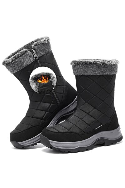 BootyMaxx Women's Waterproof Snow Boots Mid Calf Fur Lined Non-Slip – Black 39