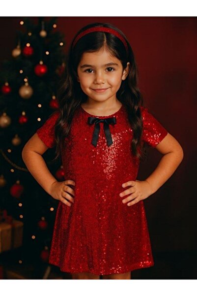 Zekids Girls' Half Sleeve Bow Detail Sequin Dress