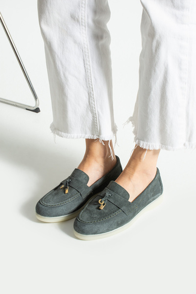 Polomia Comfort Women's Genuine Leather Suede Classic Non-Slip Sole Detail Gold Accessory Buckle Loafer Ballet Flats