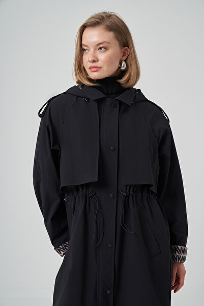 Nuss Hood and Lining Detail Cap Trench Coat Jacket 6033 Black