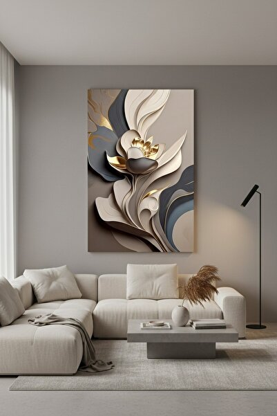 hollywest Lüks Bej ve Gri Soyut Çiçek Kanvas Tablo | Gold Detaylı Salon Duvar Dekoru