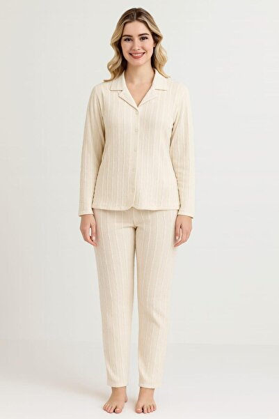 Pemilo Women's 0272 Buttoned Front Long Sleeve Pajama Set Ecru