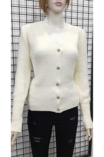 WIENELLA Women's V-Neck Silver Color Buttoned Knitwear Cardigan