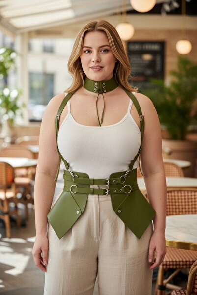 Angels Passion Corset lat pentru femei, kaki, mărime mare, cu curea pentru um...