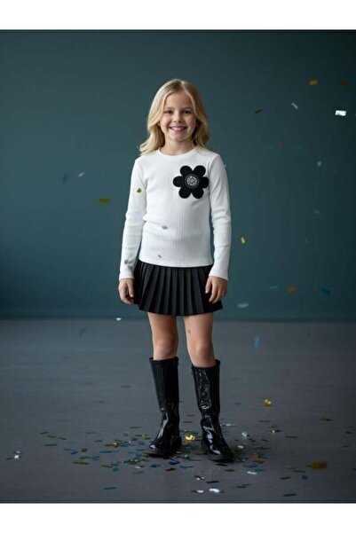 Zekids Μπλούζα για κορίτσια με βαμβακερή κεντημένη λουλουδάτη μακρυμάνικη μπλούζα K πλέξη ριμπ