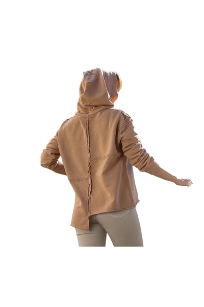 PHUTİ COLLECTION Hooded Long Sleeve Washable Casual Cotton Asymmetric Knitted Sweatshirt