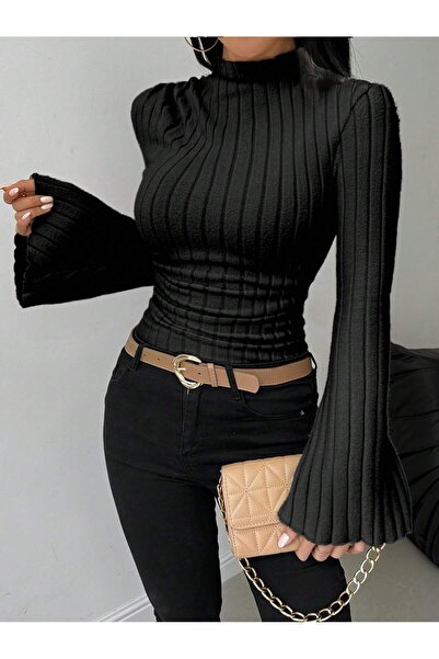 poswicon Μαύρη μπλούζα με γιακά HUNİ f κοτλέ με πλαϊνό κορδόνι που συσφίγγει το ισπανικό μπλουζάκι με μανίκια